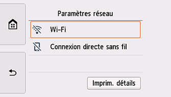 Écran Paramètres réseau : sélectionnez Wi-Fi